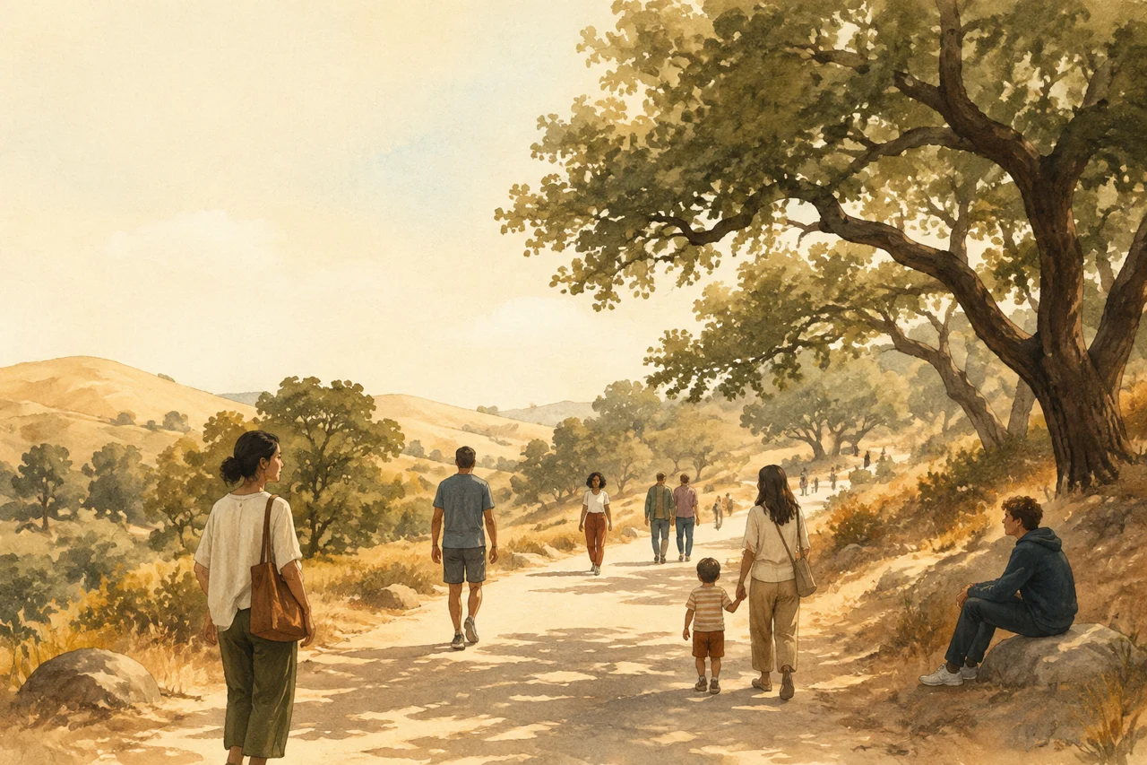 Watercolor illustration of people gathering under an oak tree