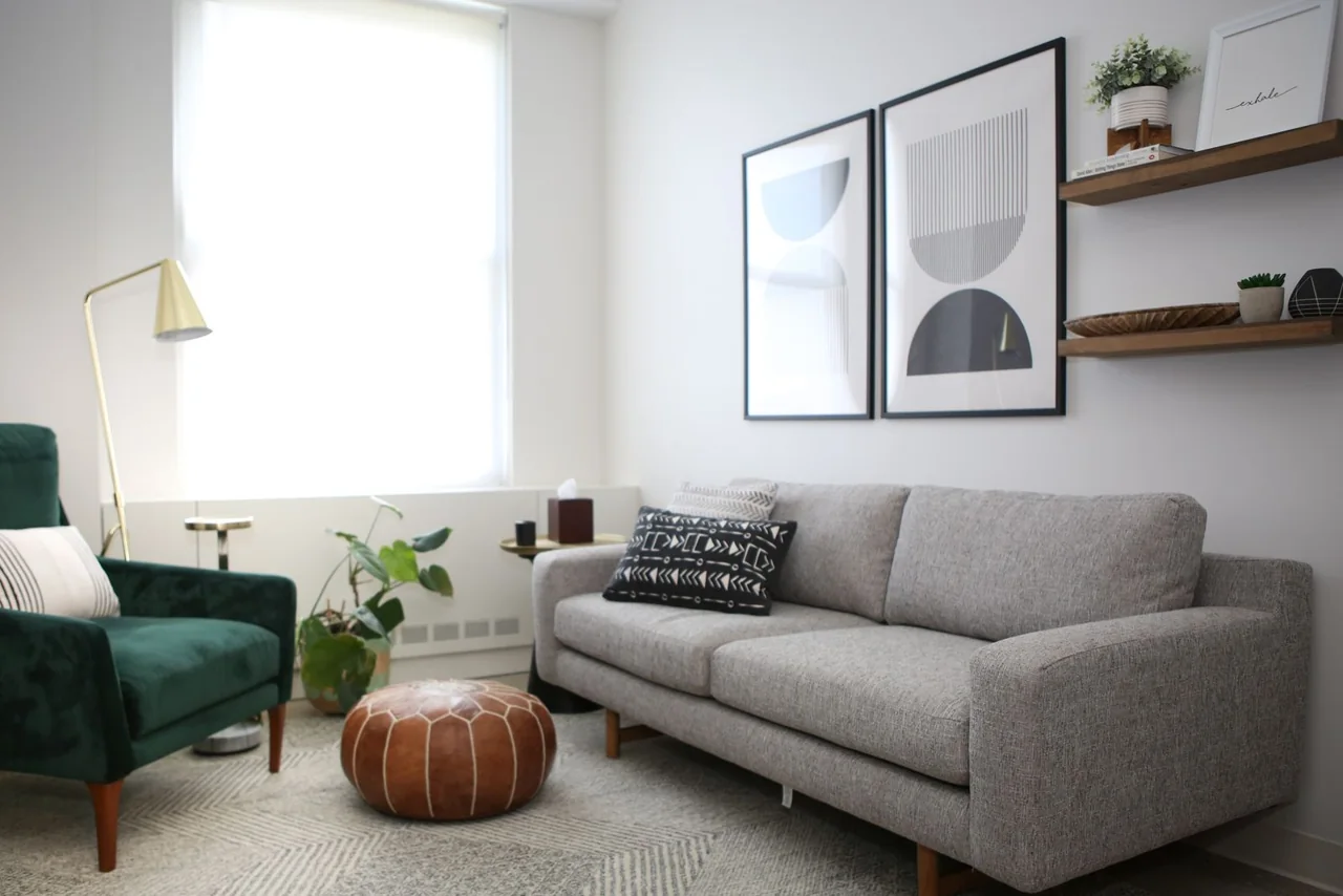 A sunlit seating area in the Palo Alto therapy office