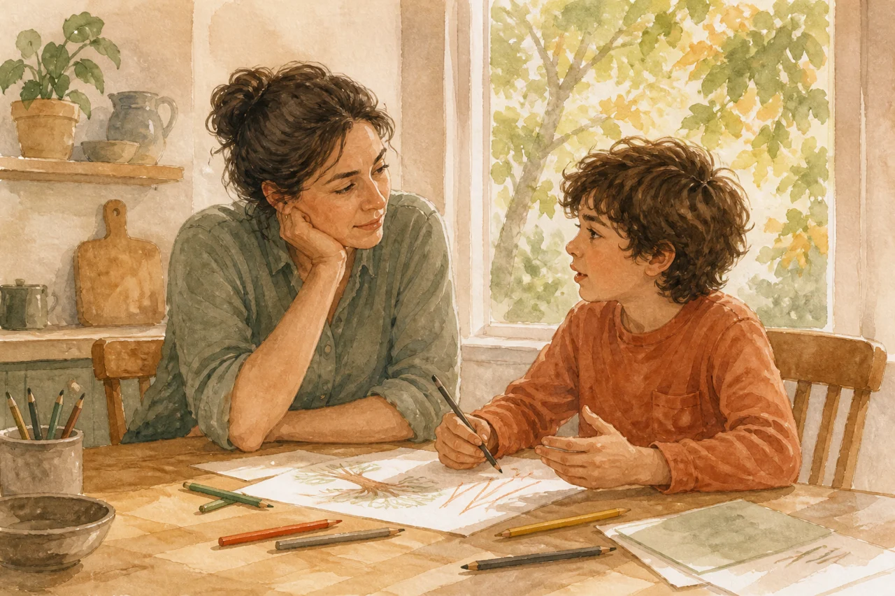 Watercolor illustration of a parent and child drawing together