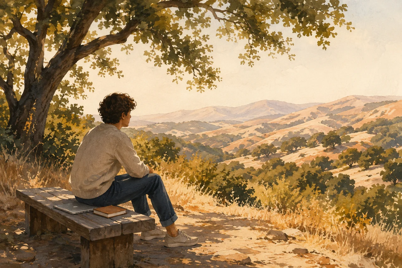 Watercolor illustration of an adult resting on a bench beside a closed laptop